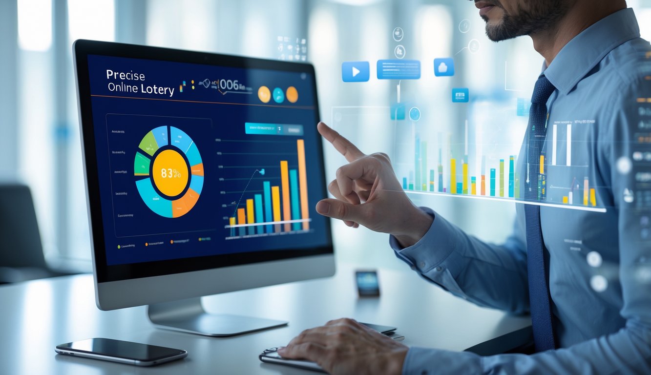 Seseorang menggunakan layar komputer menampilkan grafik statistik di kantor modern.