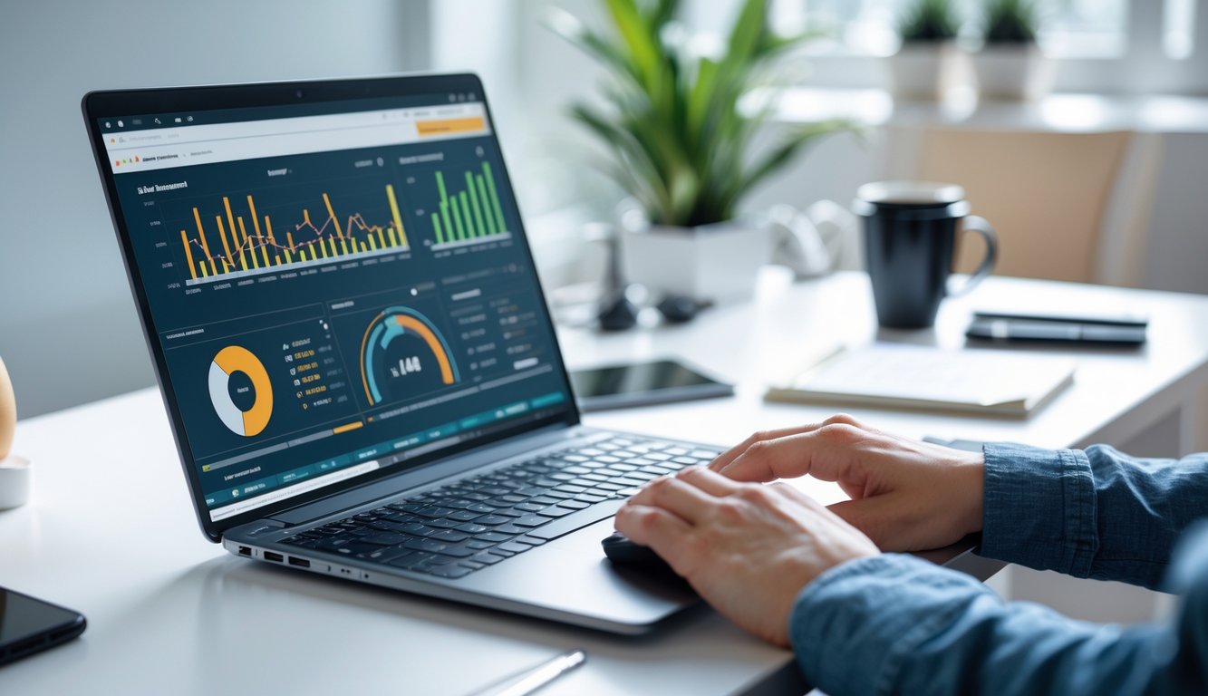 Seorang profesional sedang menganalisis data pertandingan olahraga di depan laptop di ruang kerja yang rapi.
