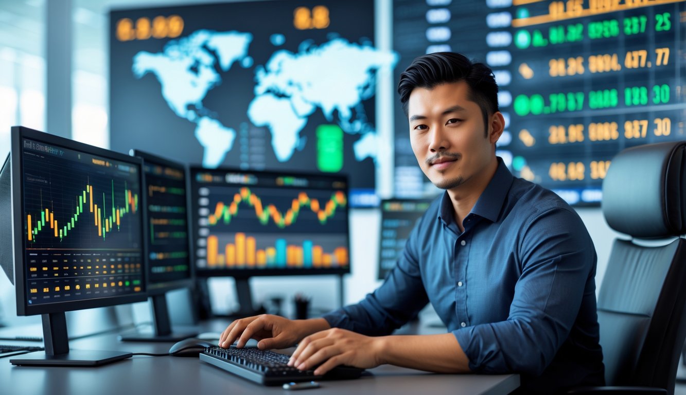 Seorang pria Asia duduk di meja kantor modern dengan beberapa monitor komputer yang menampilkan grafik dan data pasar online, terlihat fokus dan profesional.