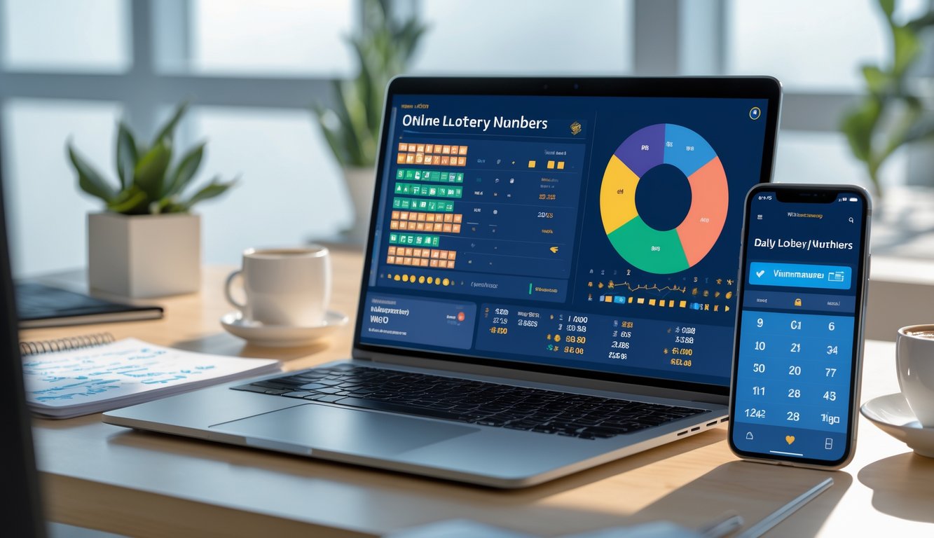 Meja kerja modern dengan laptop yang menampilkan grafik dan data angka, notepad dengan catatan, ponsel dengan aplikasi togel, dan cangkir kopi di lingkungan kantor yang terang.
