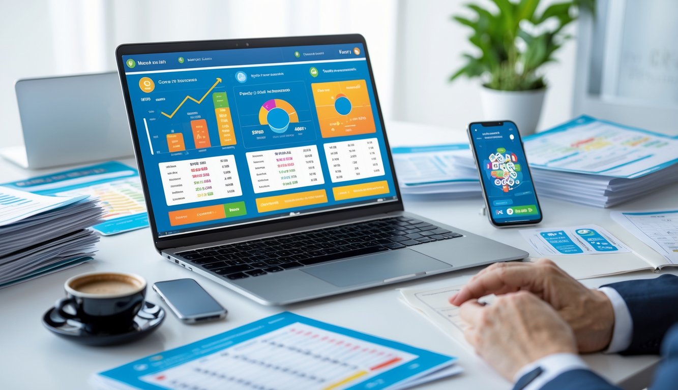 Meja kerja dengan laptop yang menampilkan dashboard digital berisi grafik dan tabel lengkap hasil undian togel online, didampingi smartphone dan dokumen, dalam suasana yang rapi dan terang.