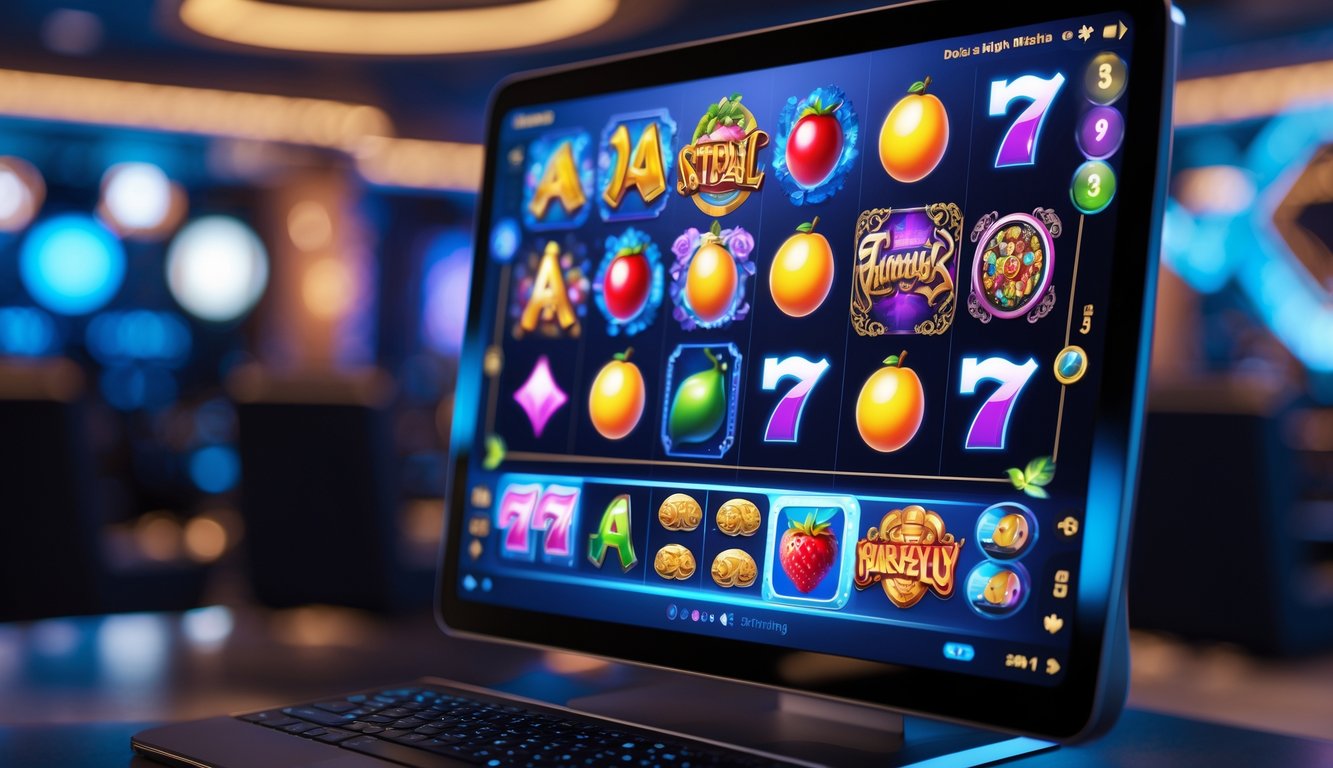 Layar komputer menampilkan berbagai tema permainan slot online yang berwarna-warni dan menarik di lingkungan lounge permainan yang modern.