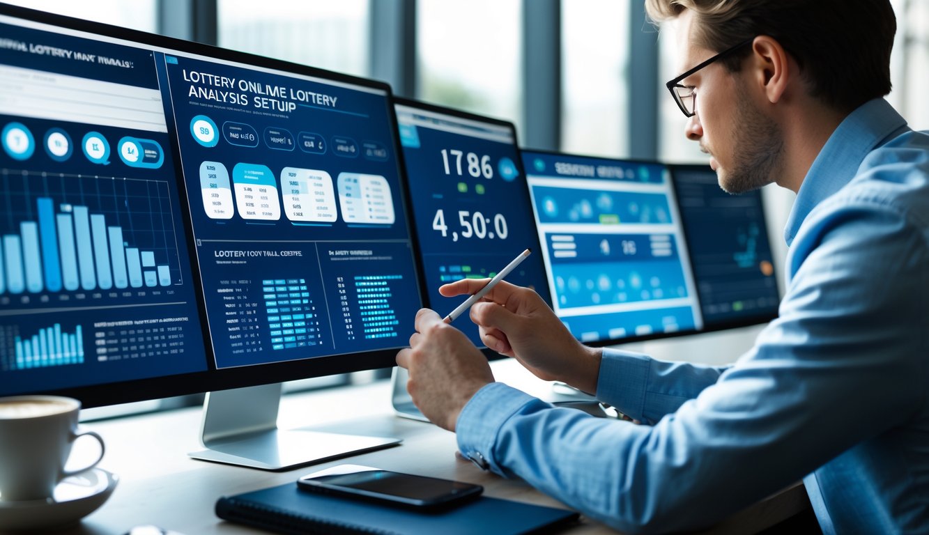 Seorang profesional sedang menganalisis data angka togel online di depan beberapa layar digital di ruang kerja modern.