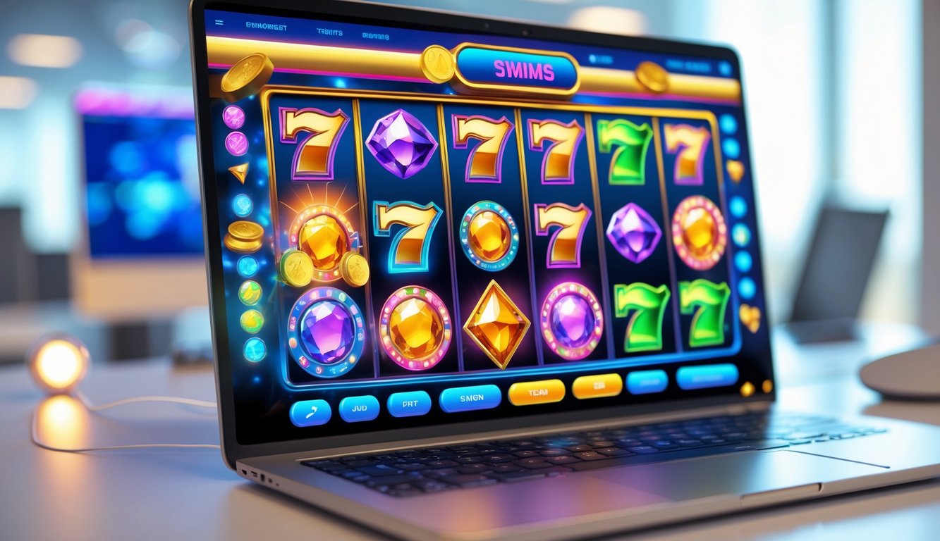 Antarmuka mesin slot online yang dinamis dengan simbol berwarna-warni dan elemen interaktif di layar komputer modern.