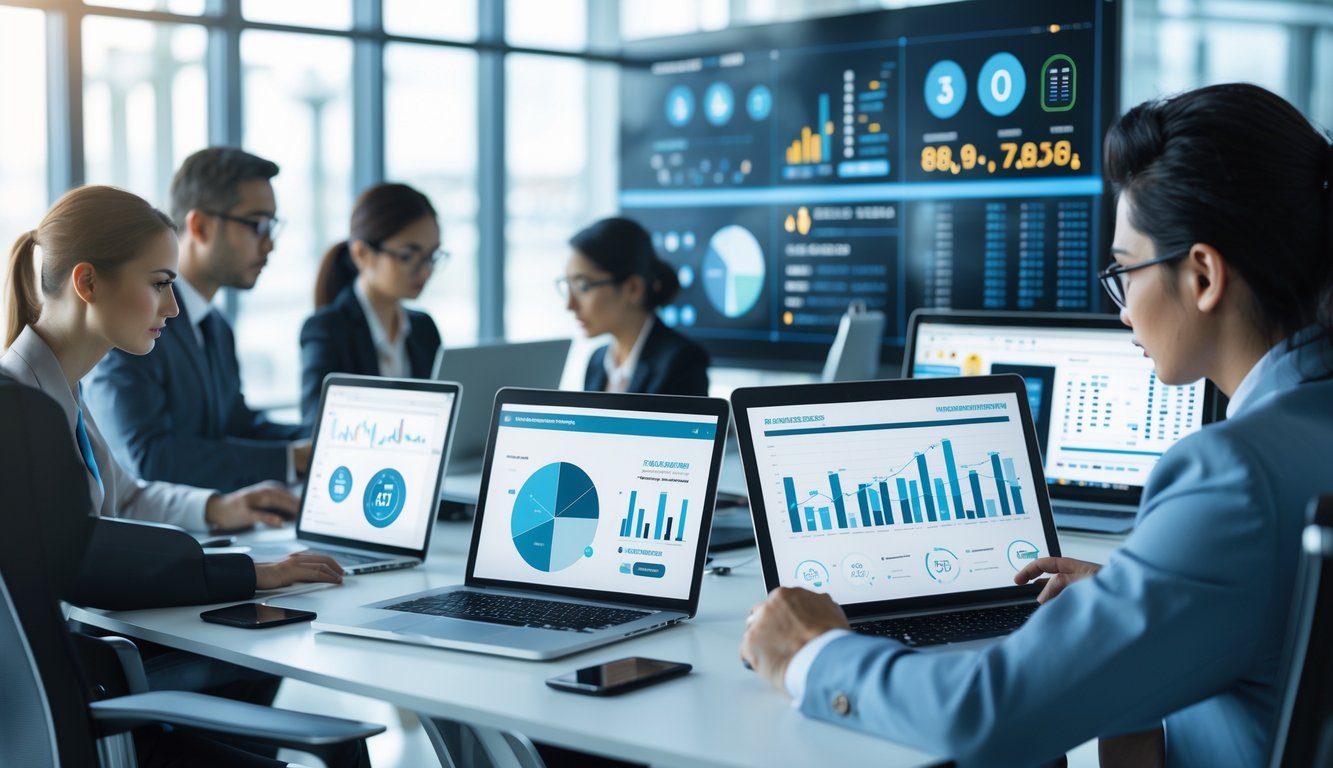 Sekelompok profesional sedang bekerja dengan perangkat digital di ruang kantor modern yang terang dan rapi, menampilkan data dan grafik terkait sistem informasi terbaru untuk togel online.