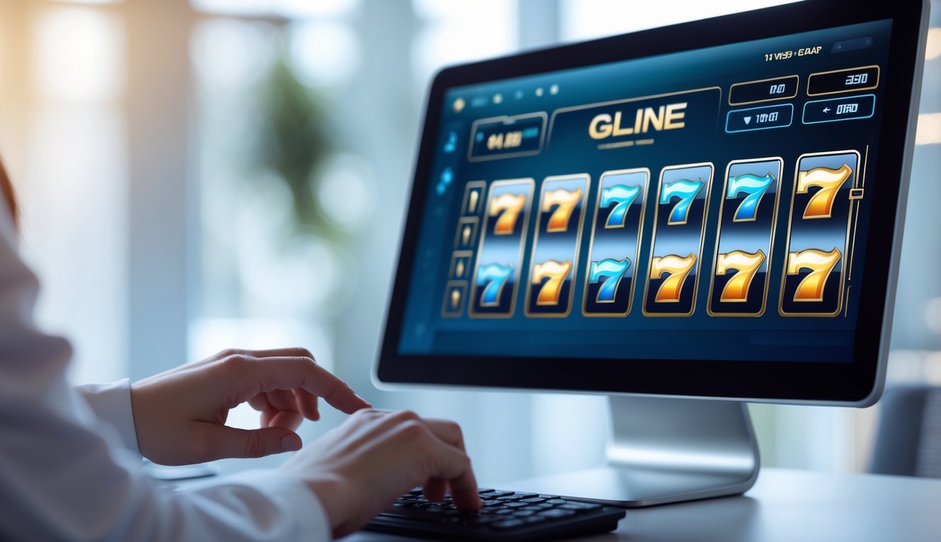 Tangan seseorang sedang menggunakan komputer dengan tampilan permainan slot online yang modern dan halus.