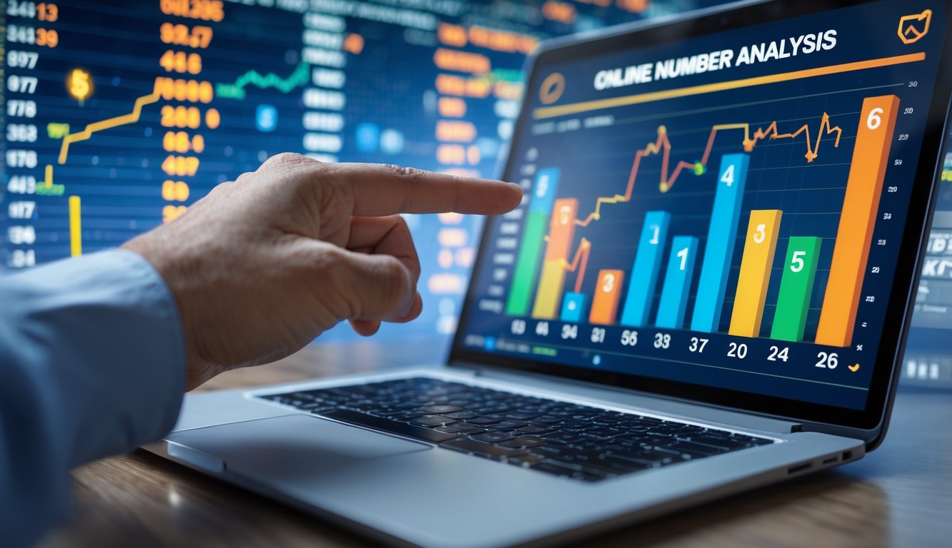 Seseorang menggunakan laptop dengan grafik dan data angka di layar untuk analisa angka harian togel online.