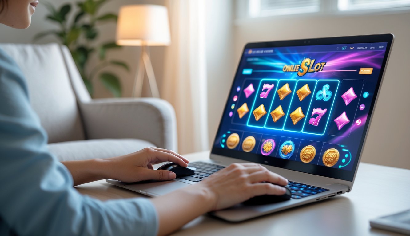 Seseorang menggunakan komputer dengan permainan slot online yang berwarna-warni di layar dalam ruangan yang nyaman dan terang.
