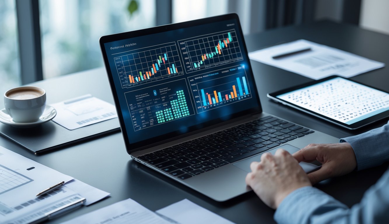 Seorang profesional bekerja dengan laptop yang menampilkan grafik data dan dokumen teratur di meja kerja.