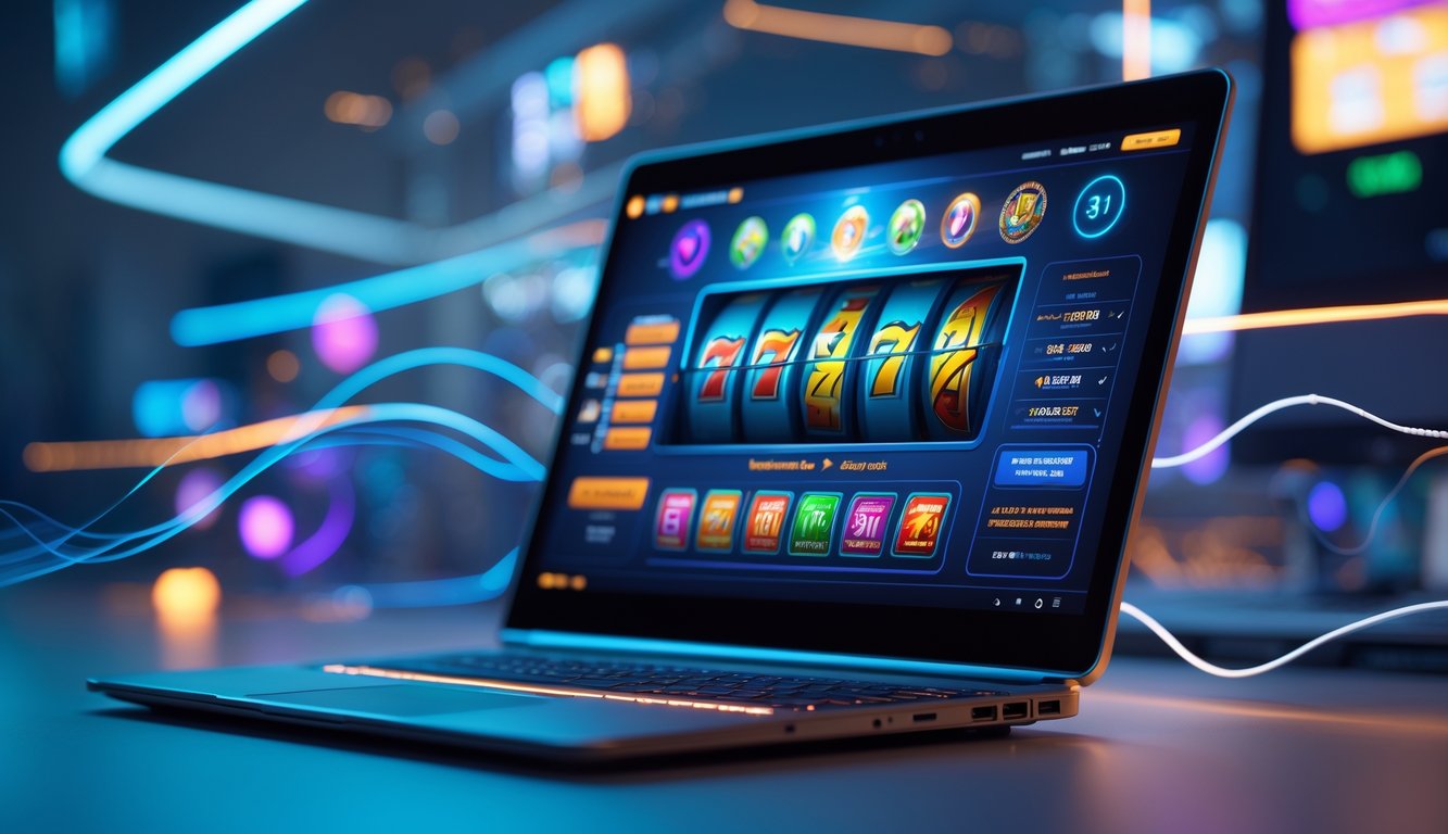Sebuah setup komputer modern menampilkan permainan slot online dengan latar belakang elemen digital yang menunjukkan koneksi cepat dan stabil.