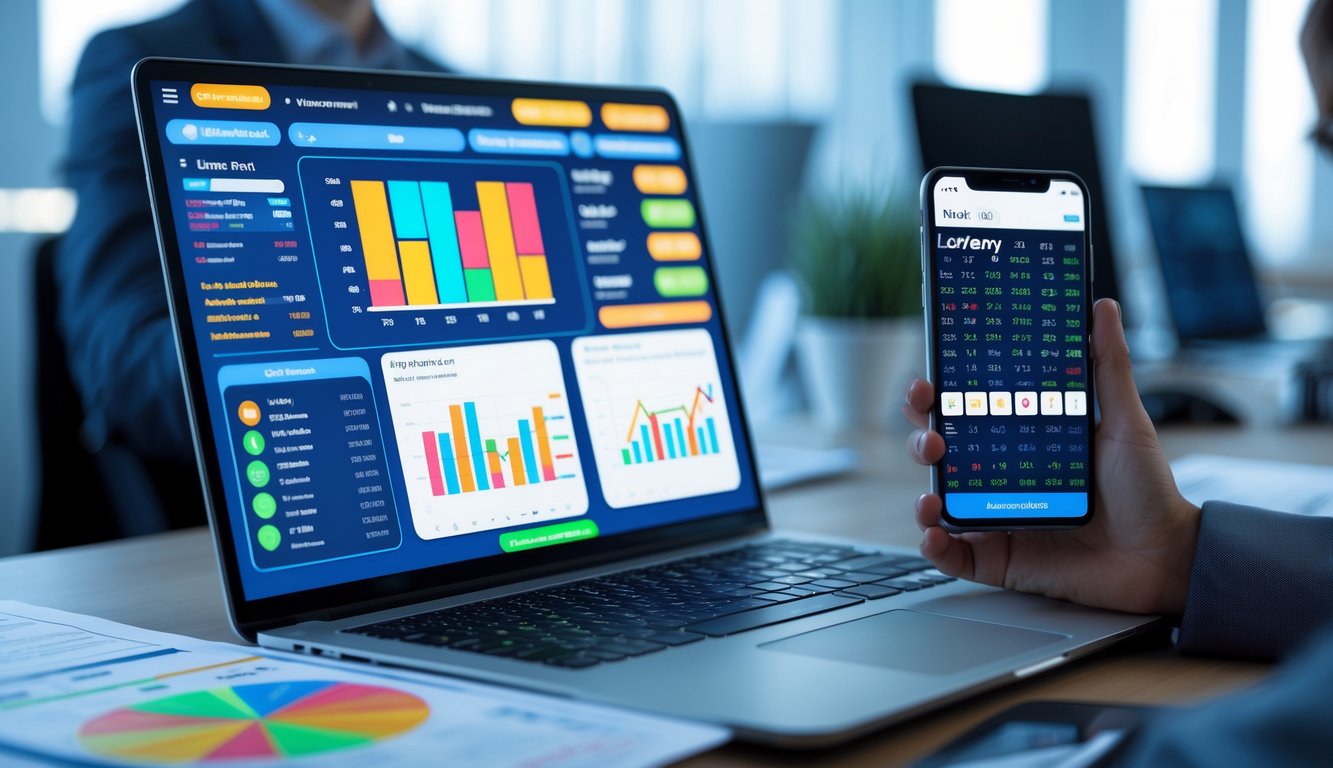 Sebuah meja kerja dengan laptop yang menampilkan grafik dan smartphone dengan hasil togel terbaru di lingkungan kantor yang tenang.