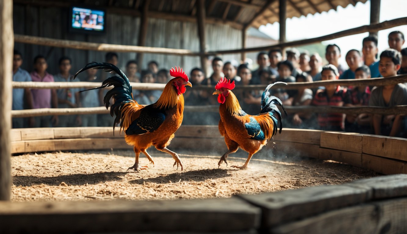 Arena sabung ayam dengan dua ayam bertarung dan penonton yang memperhatikan pertandingan.