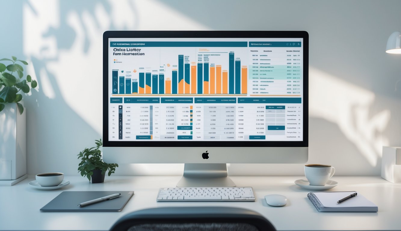 Sebuah meja kerja modern dengan komputer yang menampilkan grafik dan tabel data lengkap tentang hasil togel online, dikelilingi oleh alat kantor seperti keyboard, mouse, dan cangkir kopi.