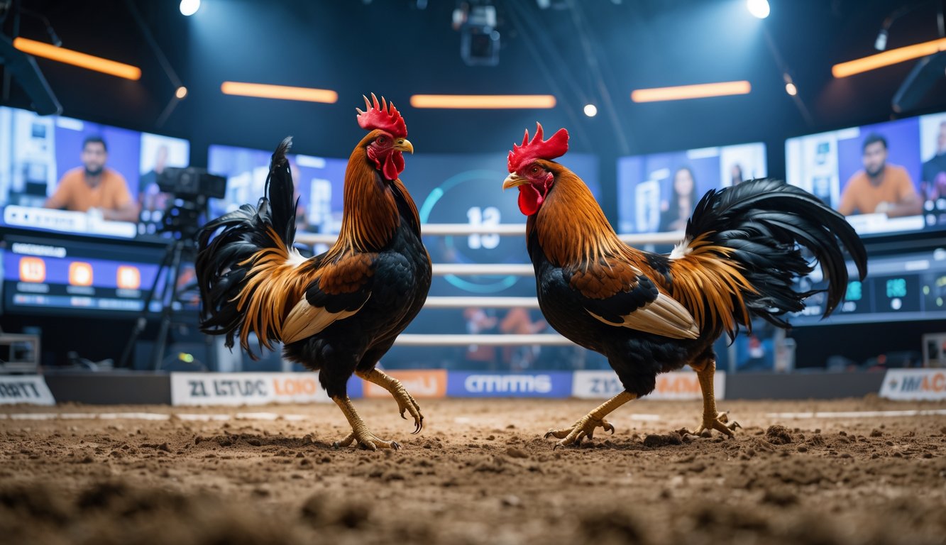 Dua ayam aduan sedang bertarung di arena dengan latar belakang studio siaran langsung yang modern dan jelas.