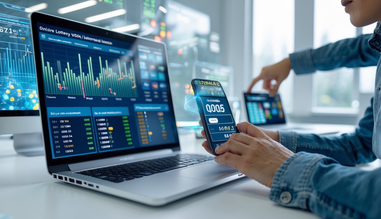 Seseorang sedang menggunakan laptop dan ponsel di meja kerja modern dengan layar menampilkan data dan grafik waktu nyata terkait togel online.