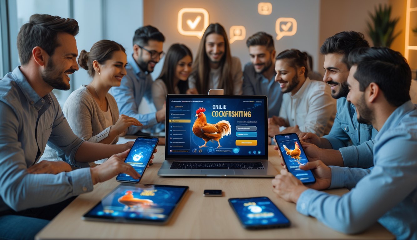 Sekelompok orang menggunakan perangkat digital dalam ruangan yang nyaman, berinteraksi dengan aplikasi online sabung ayam dengan suasana fokus dan antusias.