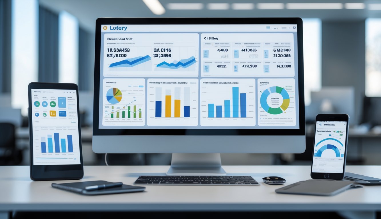 Sebuah ruang kerja modern dengan monitor komputer yang menampilkan grafik dan data statistik angka lotere secara mendalam.