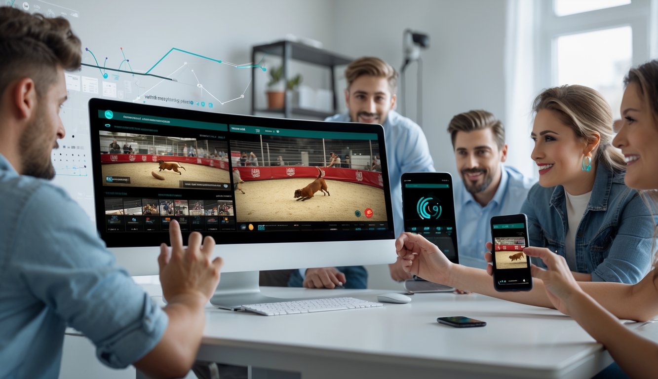 Orang-orang menonton siaran langsung sabung ayam secara online di komputer dan ponsel di ruang kerja modern.