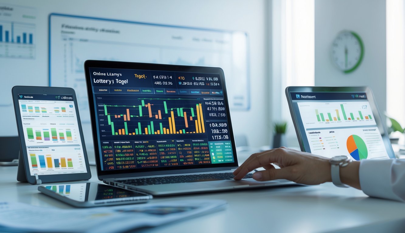 Seorang pria sedang menggunakan laptop di meja kerja dengan beberapa perangkat digital yang menampilkan data dan grafik pasar togel online.
