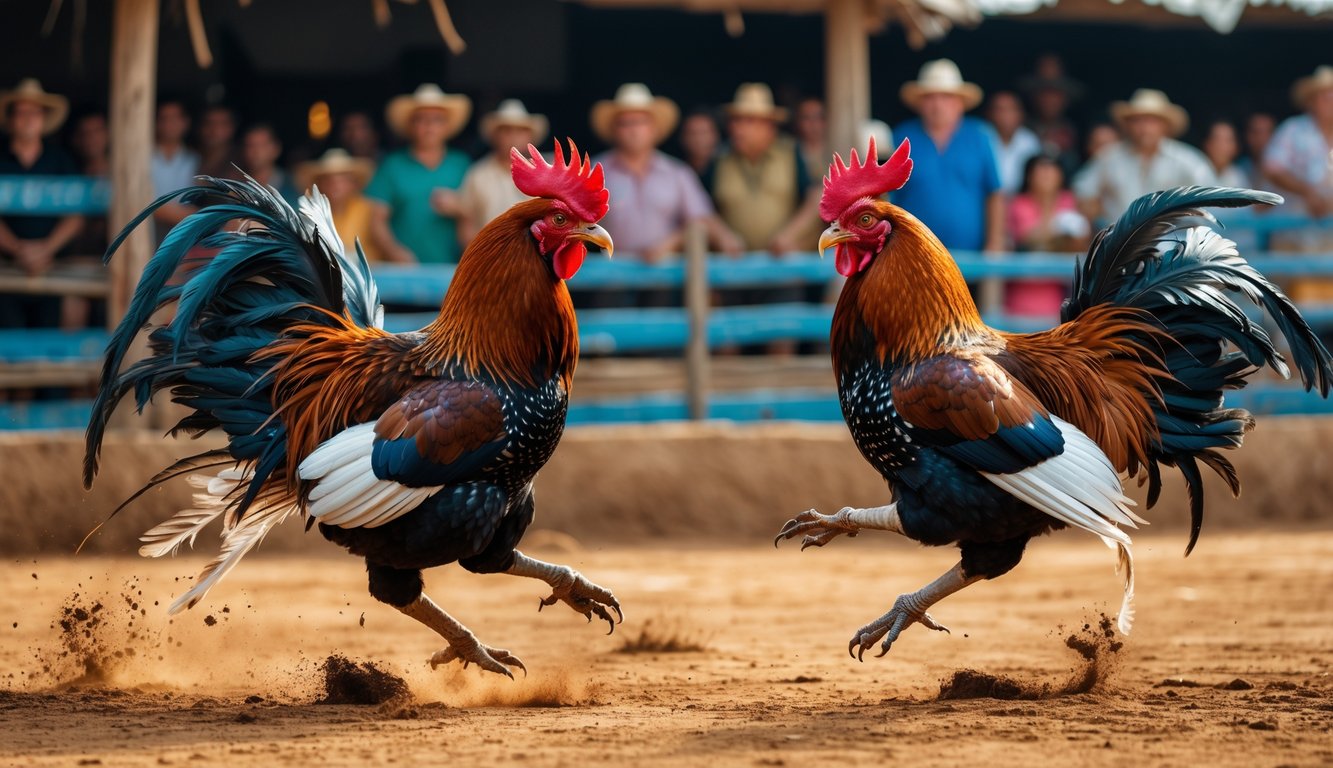 Dua ayam jago sedang bertarung di arena dengan penonton di latar belakang.