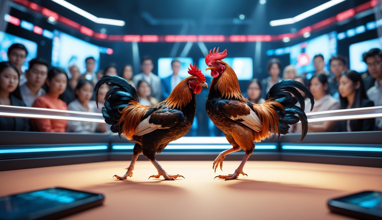 Dua ayam jago sedang bertarung di arena digital dengan penonton yang mengamati melalui layar elektronik.