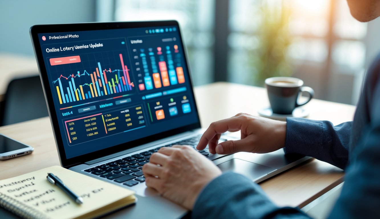 Seseorang sedang bekerja dengan laptop di meja kantor, menampilkan grafik dan angka yang diperbarui secara berkala.