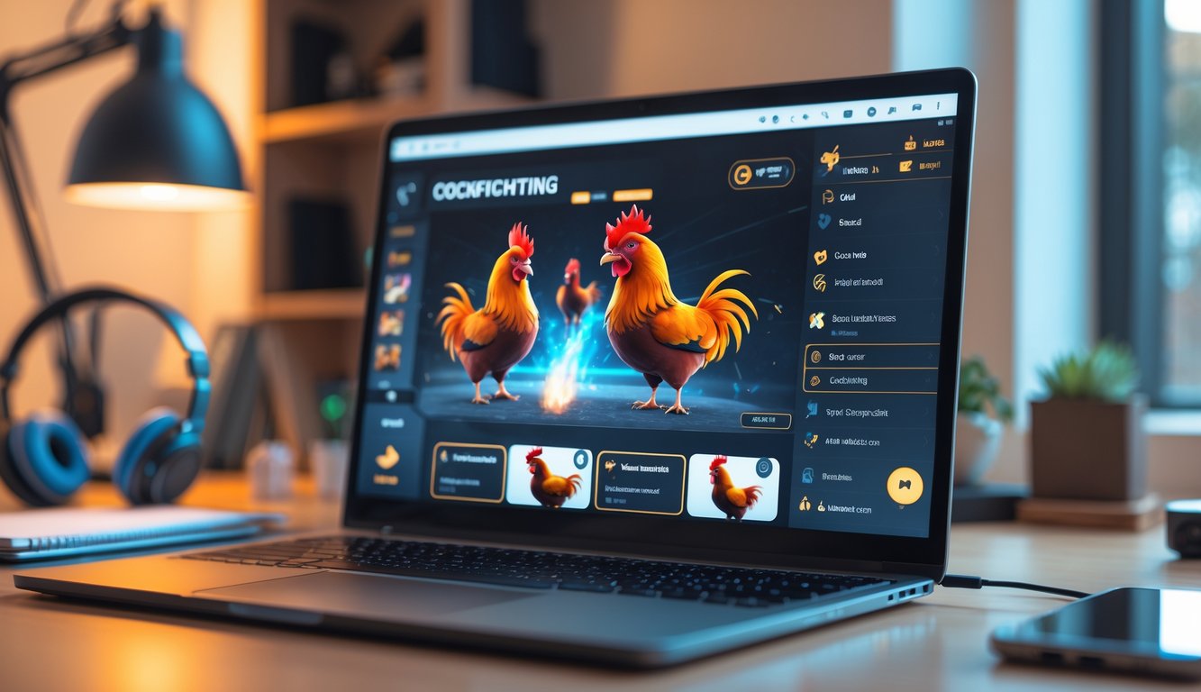 Seseorang menggunakan laptop dengan tampilan digital pertarungan sabung ayam online yang inovatif dan beragam mode pertandingan.