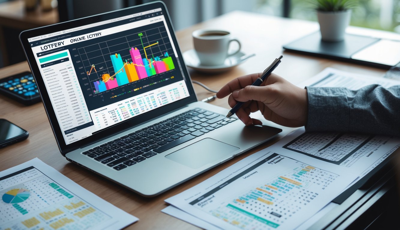 Sebuah ruang kerja modern dengan laptop menampilkan grafik statistik dan data angka, tangan seseorang menunjuk layar laptop di atas meja kayu dengan dokumen data tersebar.