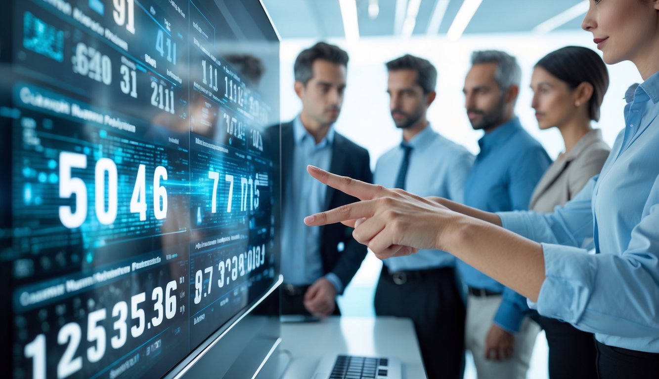 Beberapa orang sedang menggunakan layar sentuh besar dengan data angka dan grafik di ruang kerja modern.