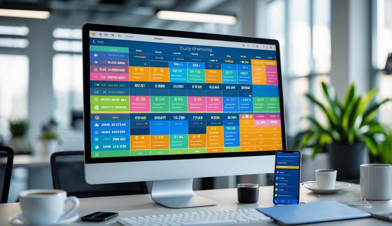 Sebuah ruang kerja modern dengan komputer menampilkan kalender digital lengkap dan berbagai alat kantor di sekitarnya.