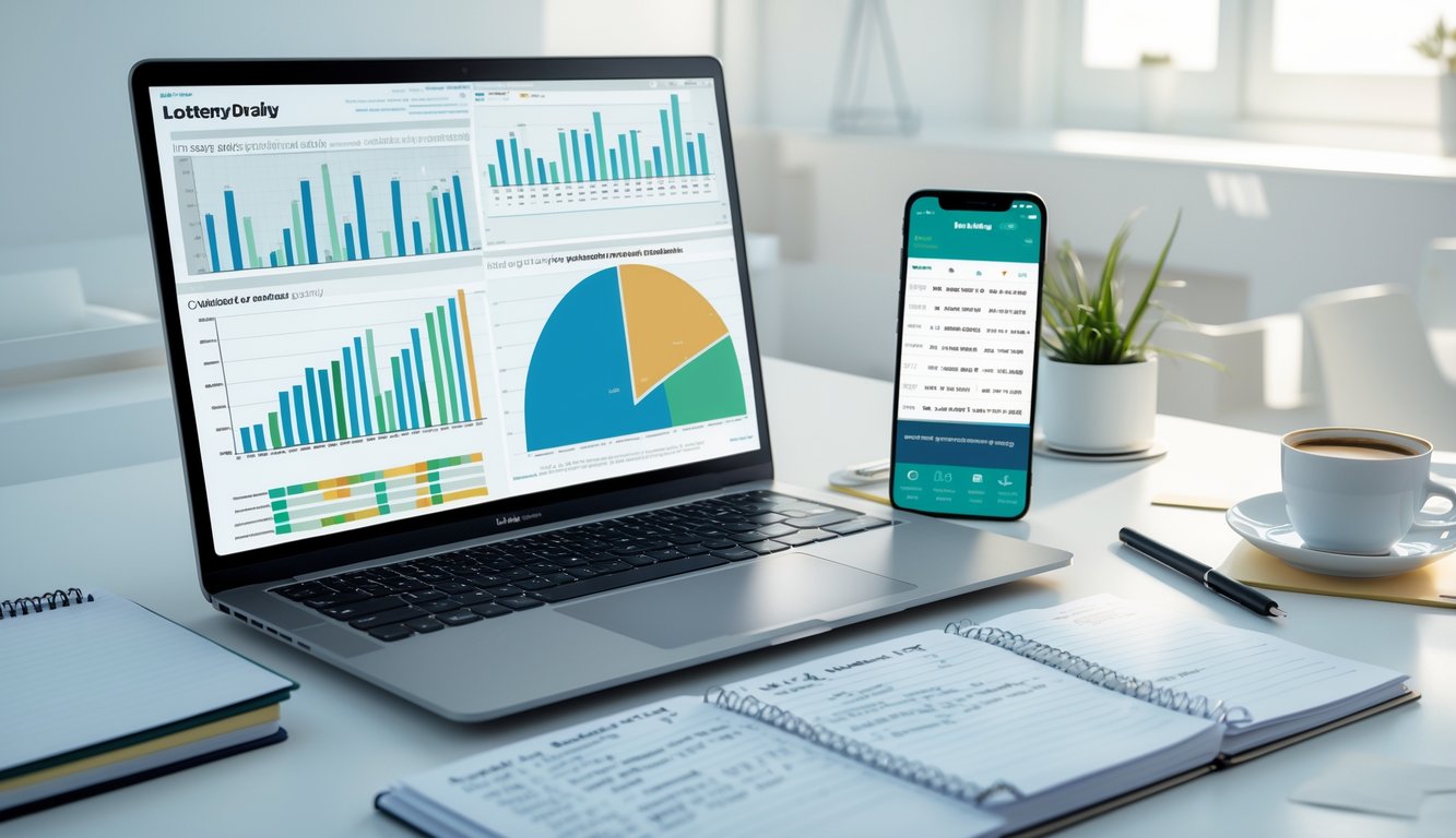 Meja kerja dengan laptop menampilkan grafik analisis data undian togel online, buku catatan rapi, dan ponsel di lingkungan kantor yang bersih.