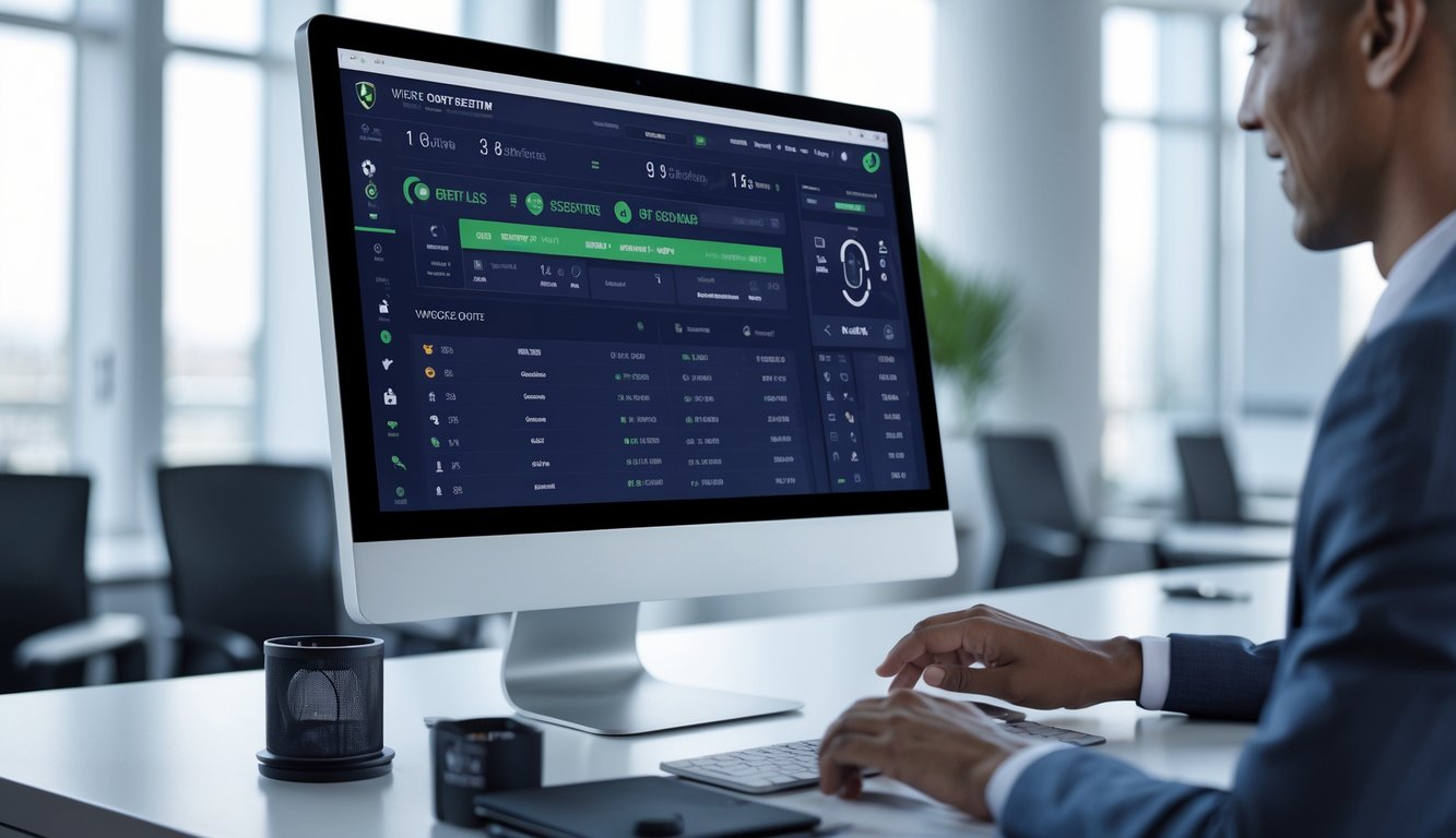 Seseorang menggunakan komputer dengan layar yang menampilkan dashboard pertandingan olahraga secara real-time.