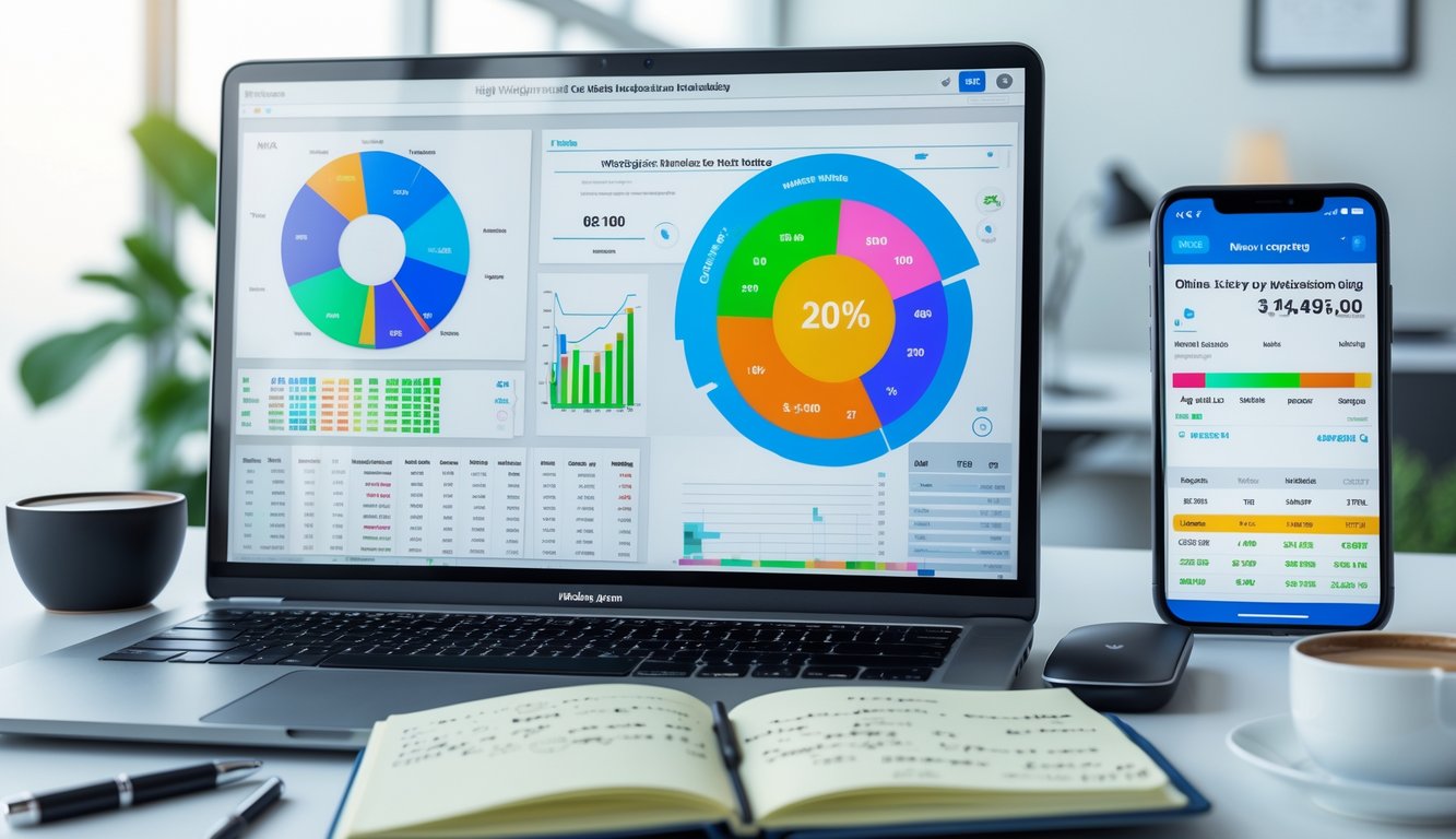 Meja kerja modern dengan laptop, ponsel, dan buku catatan yang menampilkan grafik dan angka untuk memantau pasar harian togel online.