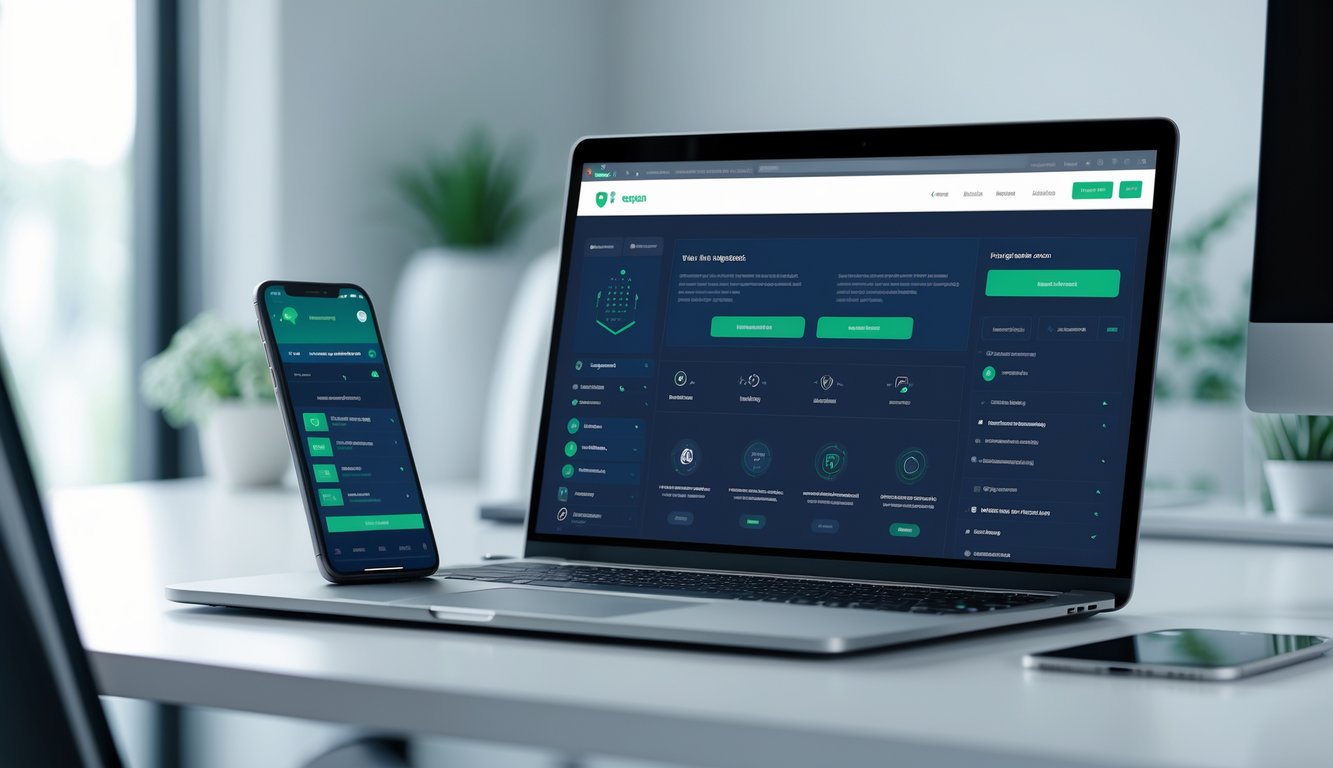 Meja kerja dengan laptop dan smartphone yang menampilkan antarmuka aplikasi online responsif dengan navigasi intuitif.