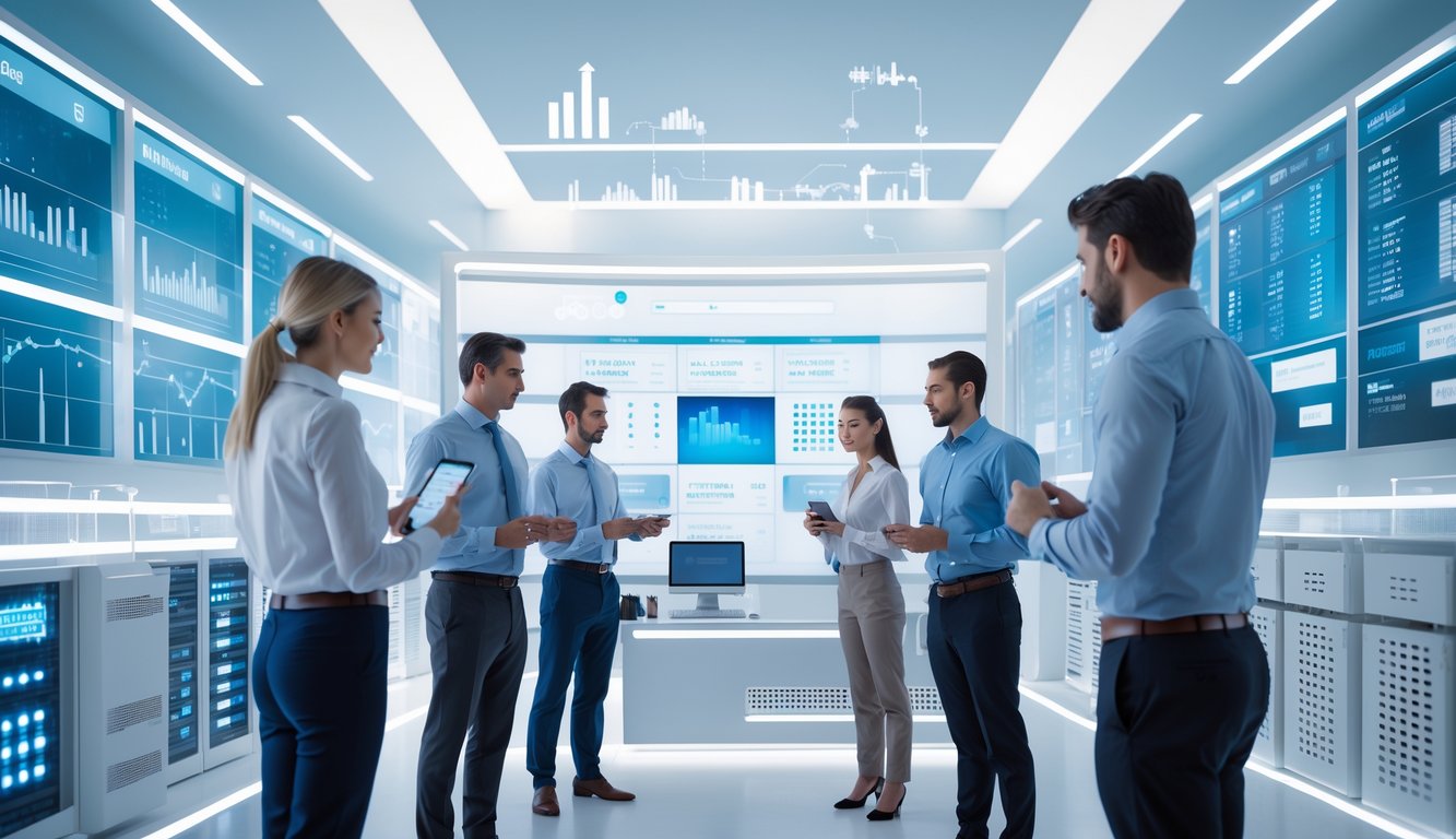 Seorang profesional bekerja dengan layar digital transparan yang menampilkan data dan grafik dalam ruang kantor modern yang teratur.