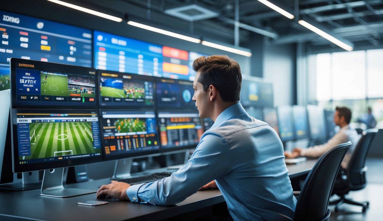 Seseorang sedang menggunakan komputer dengan beberapa layar yang menampilkan berbagai pertandingan olahraga secara langsung.