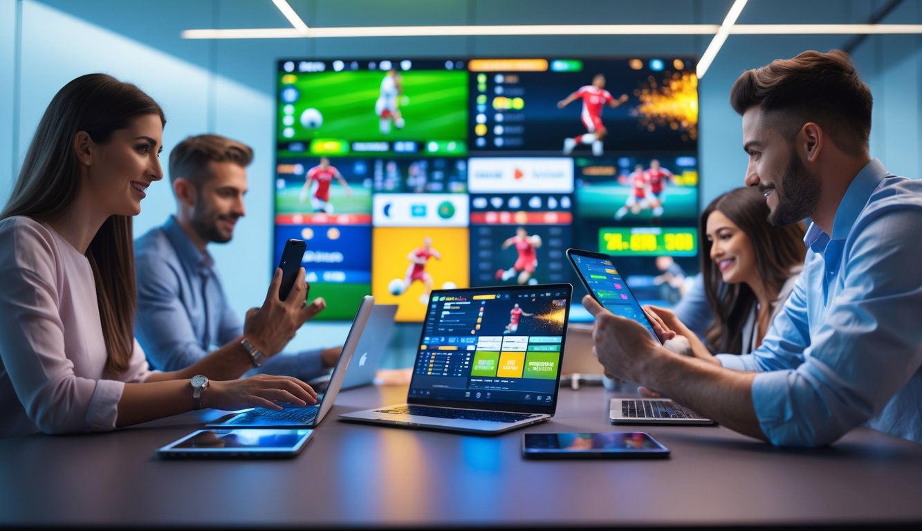 Orang-orang menggunakan perangkat digital untuk mengakses pertandingan olahraga global secara online.