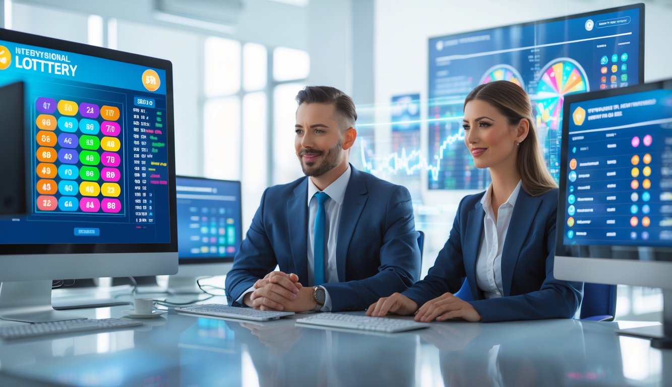 Seorang pria dan wanita duduk di meja dengan beberapa layar komputer menampilkan angka lotre dan grafik, di ruang kantor yang terang dan modern.
