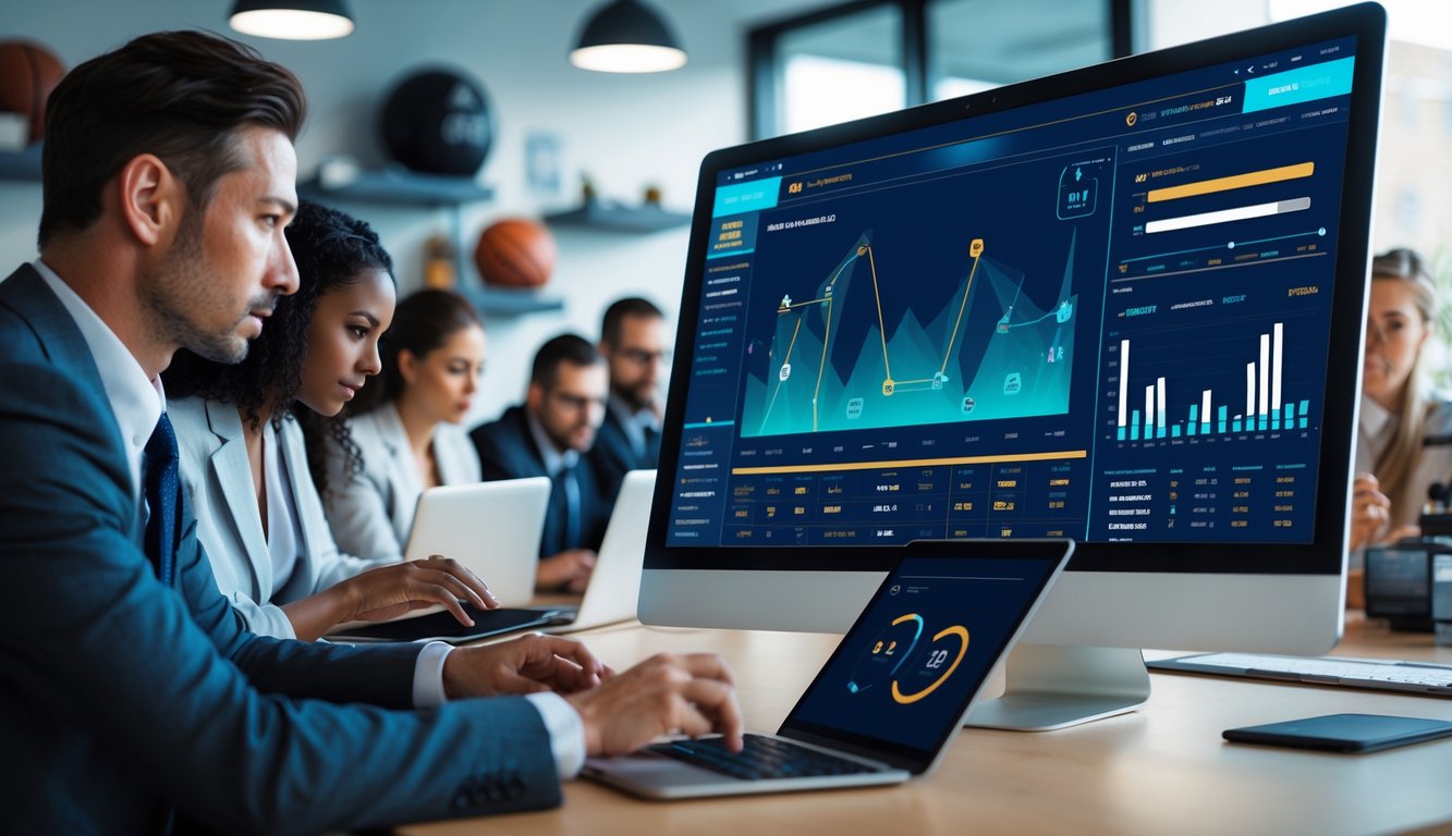 Orang-orang di kantor modern sedang memantau skor pertandingan olahraga secara real-time di layar komputer besar.