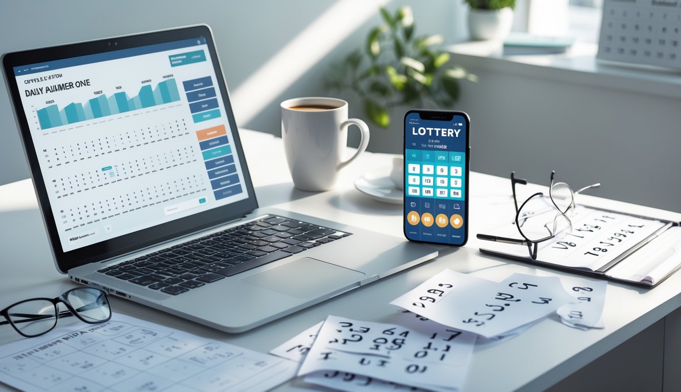 Meja kerja modern dengan laptop, ponsel, kertas angka, dan secangkir kopi di ruangan kantor minimalis.