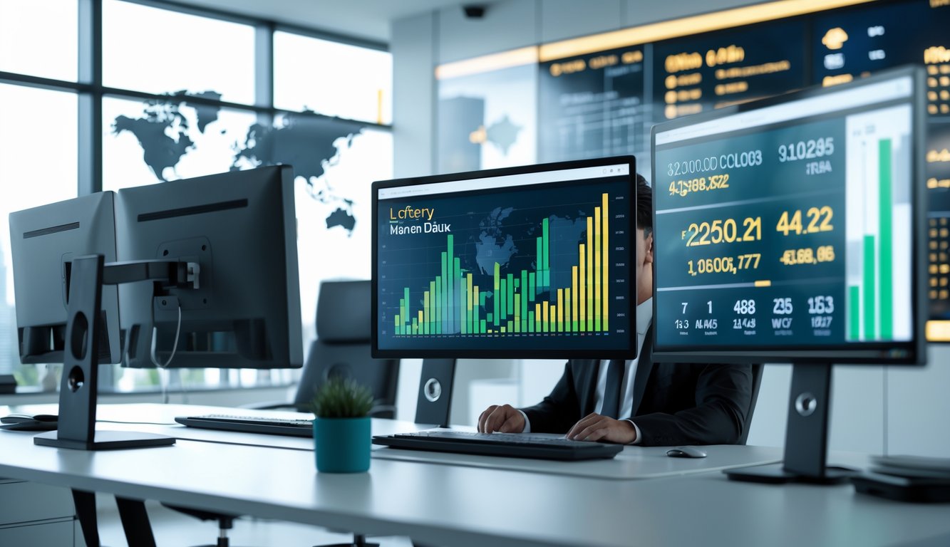 Seorang profesional bisnis duduk di meja kantor dengan beberapa monitor komputer yang menampilkan grafik dan data waktu nyata di ruang kantor modern.