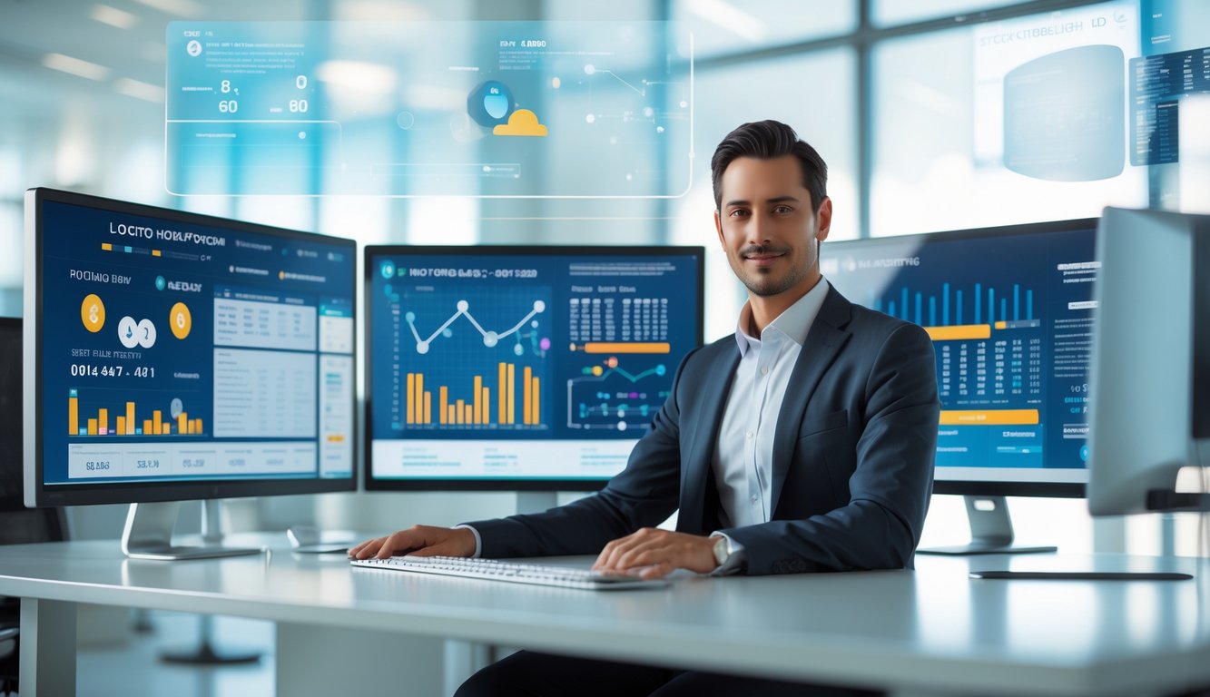 Seorang profesional duduk di meja kerja dengan beberapa monitor yang menampilkan data dan grafik terkait hasil togel.