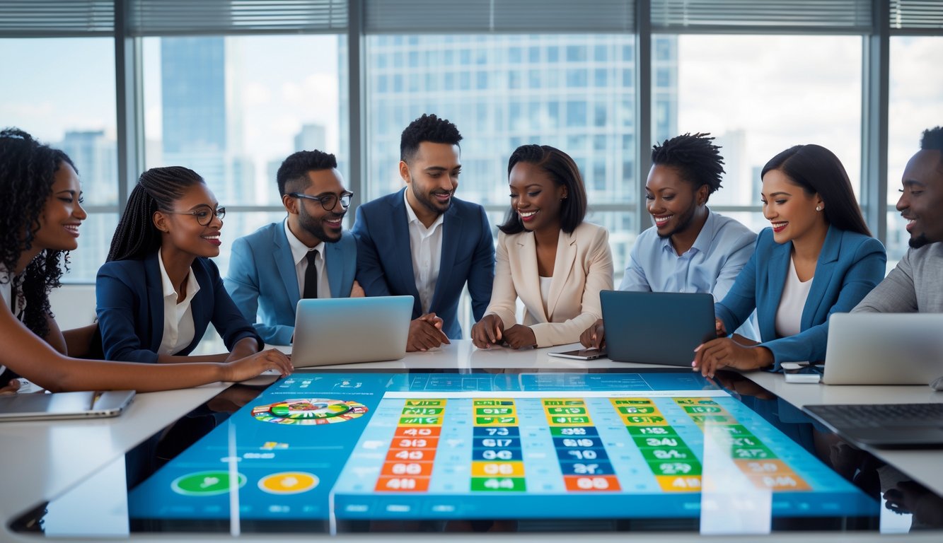 Sekelompok orang bekerja sama di ruang kantor modern dengan perangkat digital yang menampilkan grafik dan angka terkait lotere.