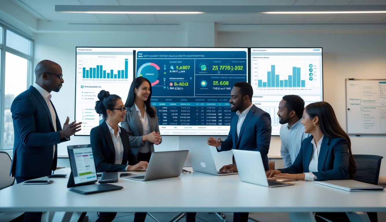 Sekelompok profesional bekerja bersama di kantor modern dengan layar digital besar yang menampilkan data dan grafik terkait statistik togel.