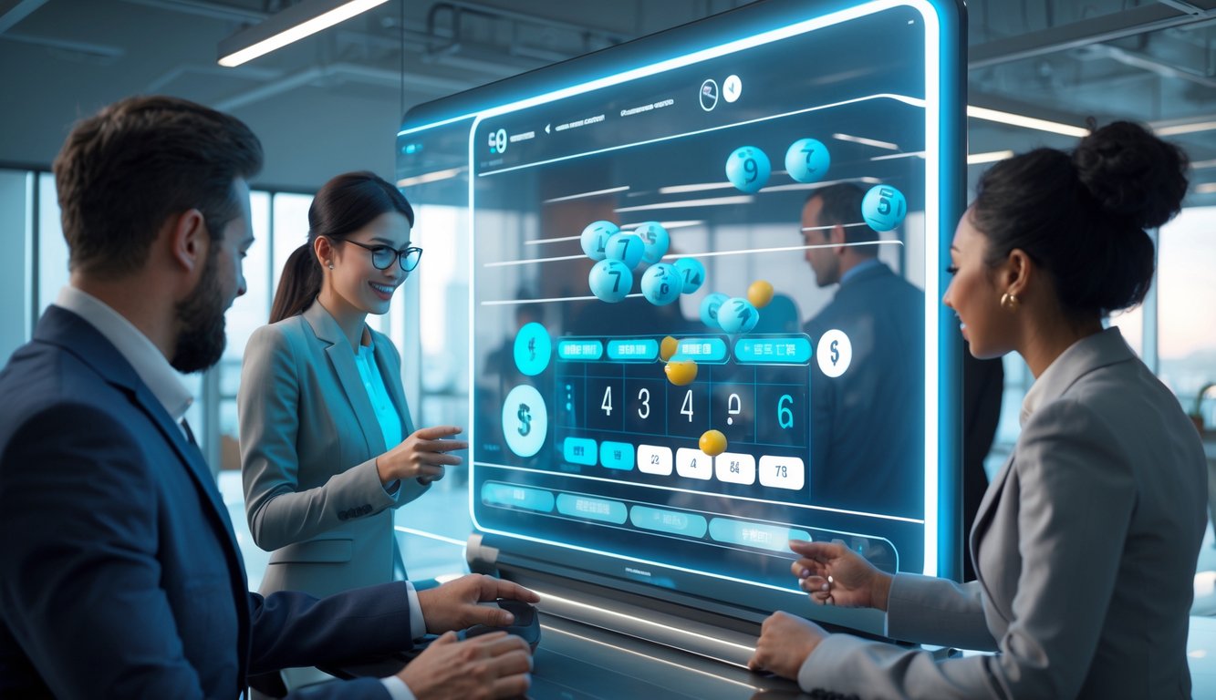 Orang-orang menggunakan layar sentuh digital yang menampilkan undian langsung lotere di lingkungan kantor modern.