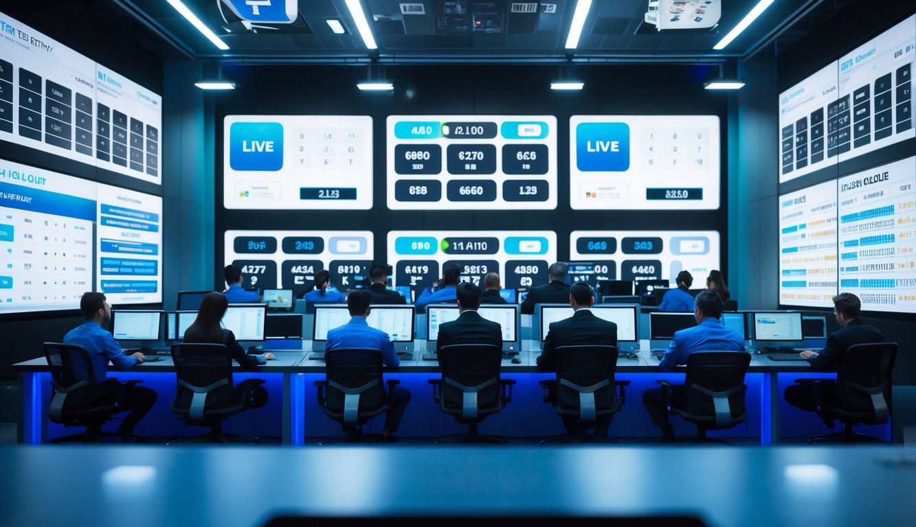Ruangan kontrol modern dengan beberapa operator yang memantau undian togel secara langsung menggunakan layar digital besar.