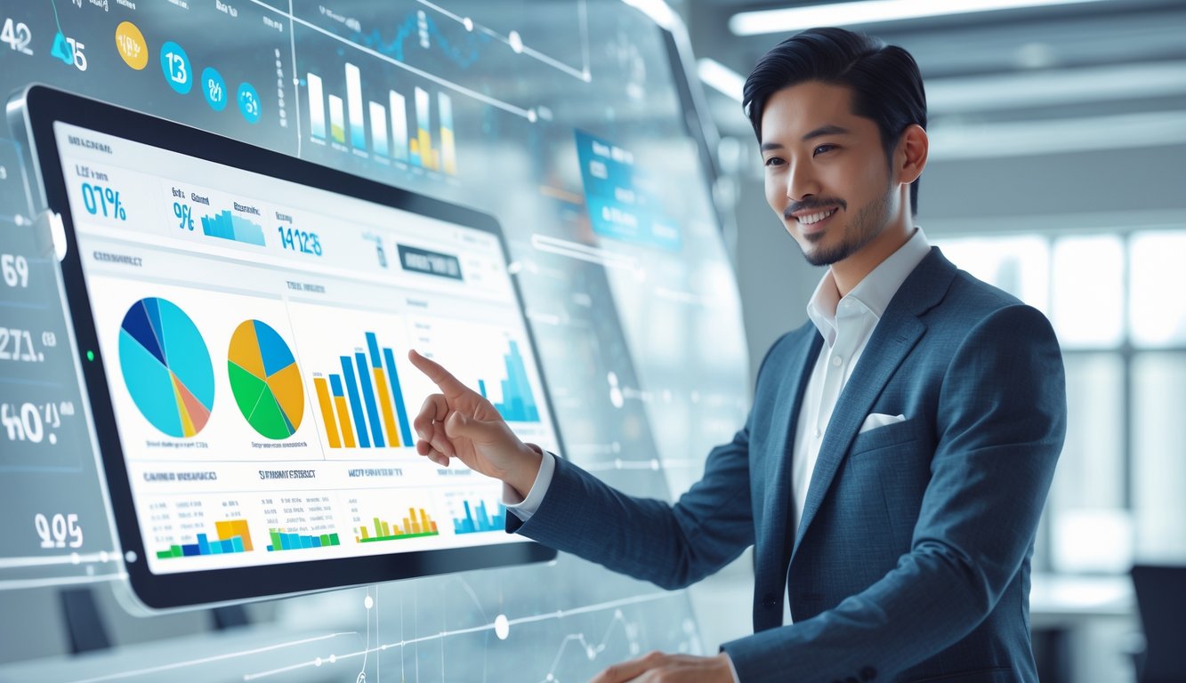 Seorang profesional menggunakan layar sentuh dengan grafik dan statistik mendalam di lingkungan kantor modern.