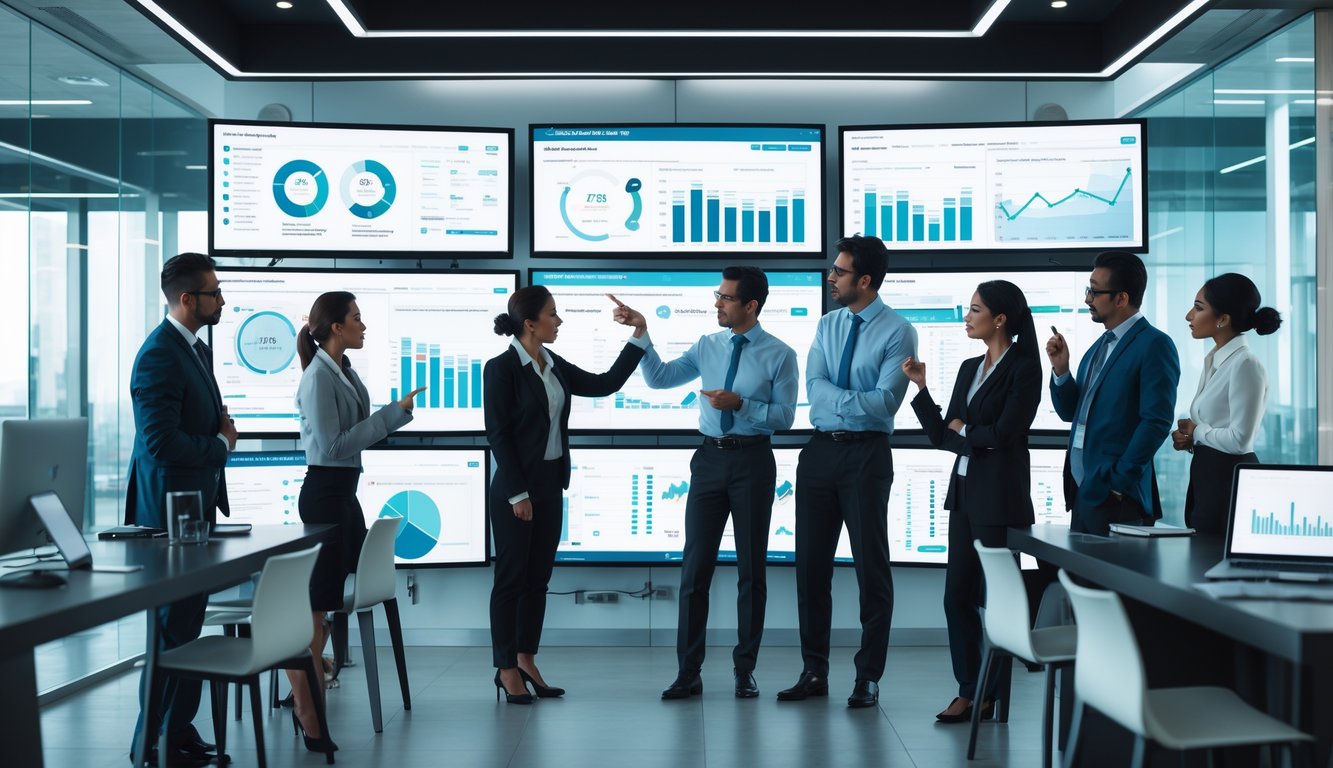 Sekelompok profesional bisnis sedang menganalisis grafik statistik di ruang kantor modern dengan layar komputer besar.