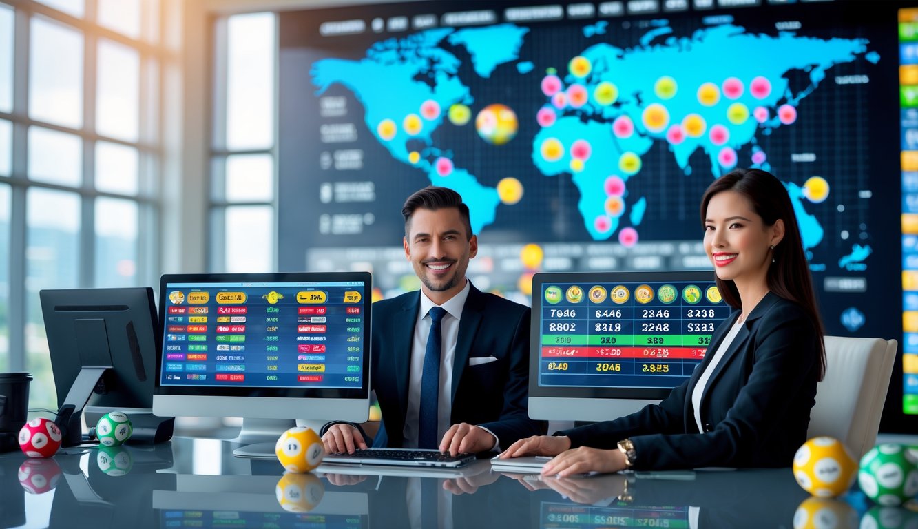 Dua orang profesional duduk di depan komputer dengan tampilan angka lotere dan peta dunia di latar belakang.