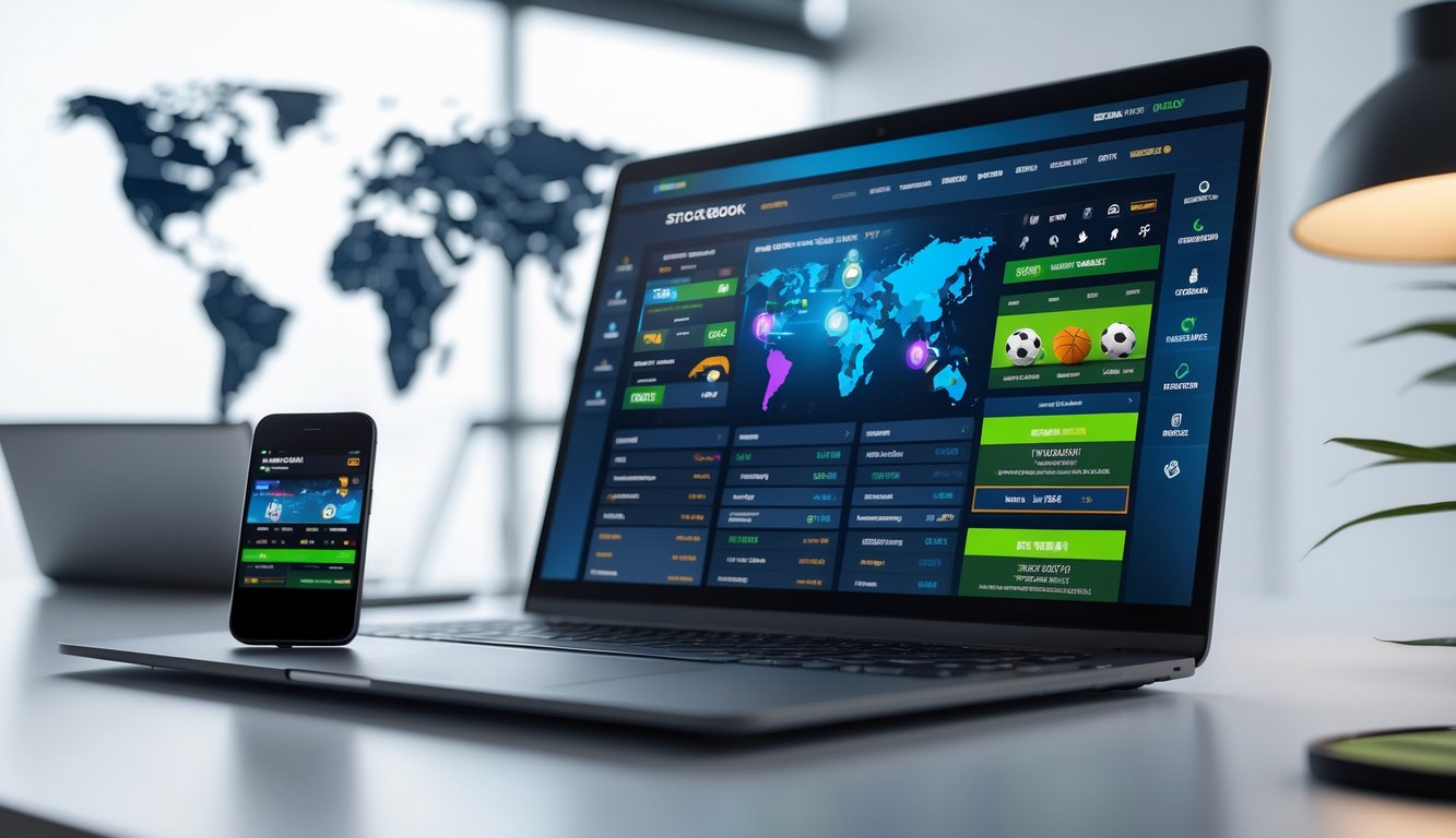 Suasana ruang kerja modern dengan laptop dan ponsel menampilkan antarmuka taruhan olahraga global.